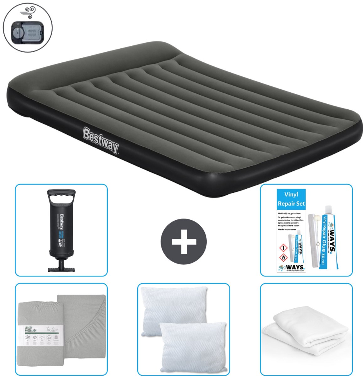 Bestway luchtbed - 2-Persoons - 152 x 203 x 30 cm - Groen - Inclusief pomp - Hoeslaken - Kussen - Kussenbeschermer - Pomp en Reparatieset