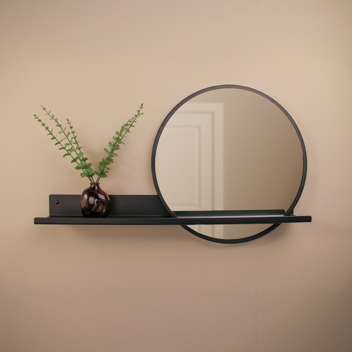 Ronde wandspiegel met plank - Zwarte hal spiegel diameter 51 cm - Spiegel met wandplank- Woonkamer - Badkamer - Toilet - Spiegelplank - ByBresi Belvi Zwart