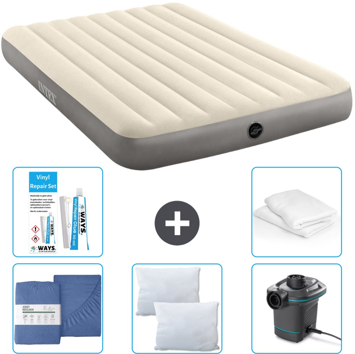 Intex Luchtbed - 2-Persoons - 152 x 203 x 25 cm - Beige - Inclusief Hoeslaken - Kussen - Pomp - Reparatieset en Kussenbeschermer