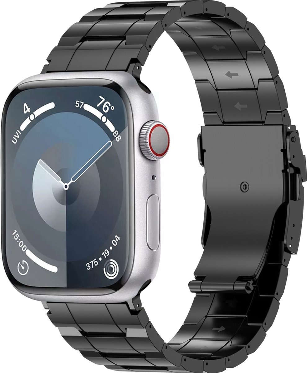 Mobigear Titanium Watch bandje geschikt voor Apple Watch Bandje Vouwsluiting | Mobigear Melbourne - 42/41/40/38 mm - Zwart
