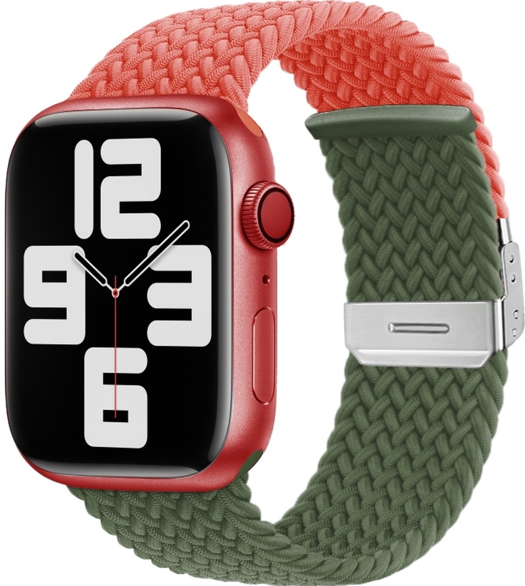 Mobigear Nylon Watch bandje geschikt voor Apple Watch Bandje Klemsluiting | Mobigear Braided Dual - 49/46/45/44 mm - Groen / Oranje
