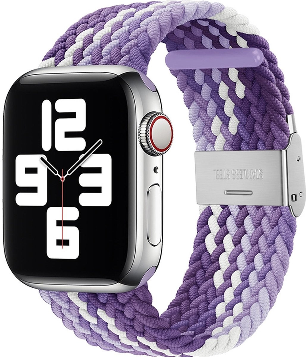 Mobigear Nylon Watch bandje geschikt voor Apple Watch Bandje Klemsluiting | Mobigear Braided - 49/46/45/44 mm - Wit / Paars