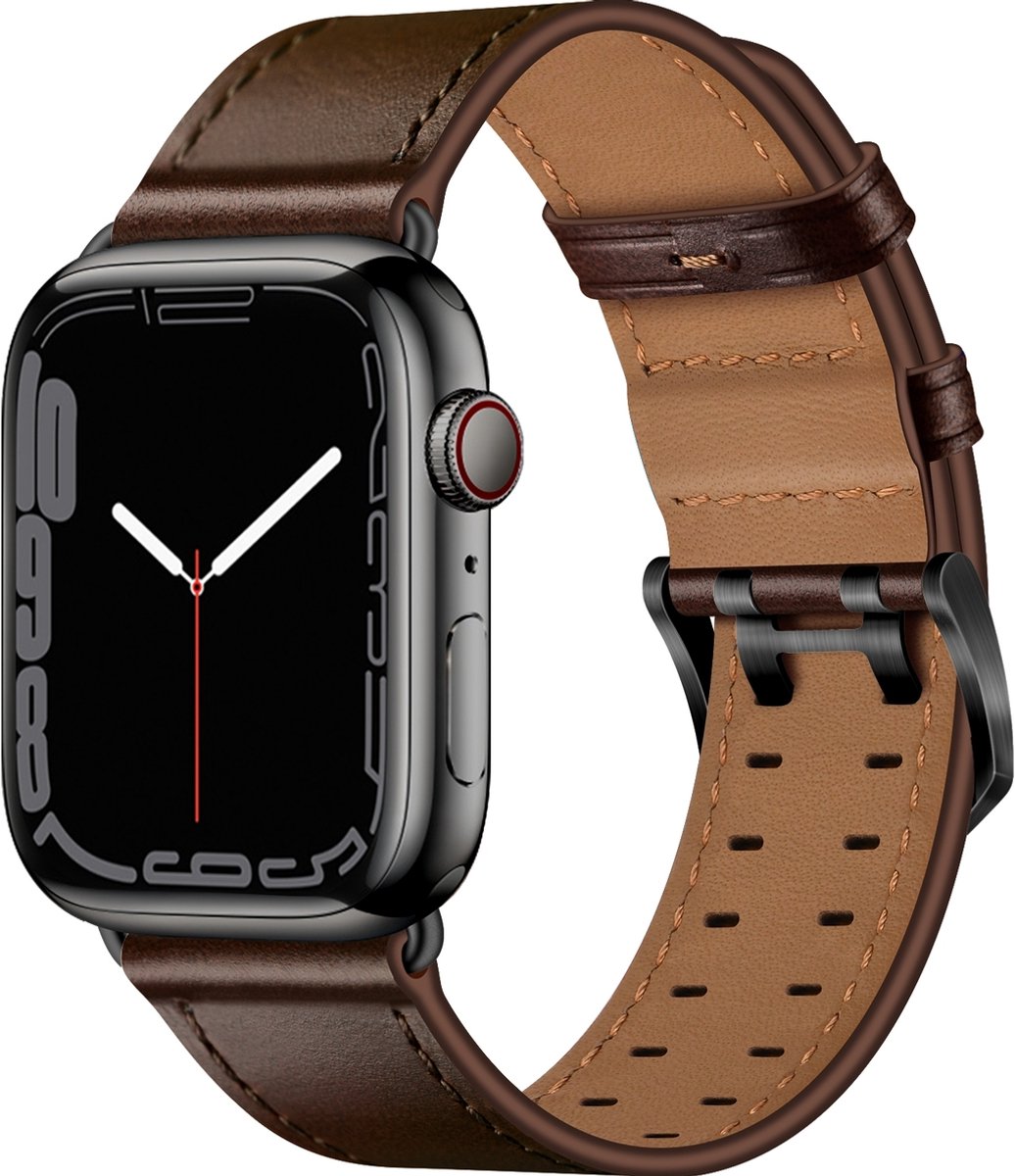 Mobigear Leren Watch bandje geschikt voor Apple Watch Bandje Gespsluiting | Mobigear Milano - 42/41/40/38 mm - Bruin