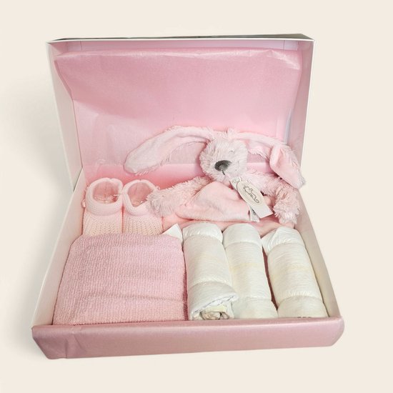 Kraamcadeau roze met Happy Horse Richie Knuffeldoekje, spuugdoekje slofjes en pampers van HEMA — afbeelding 3