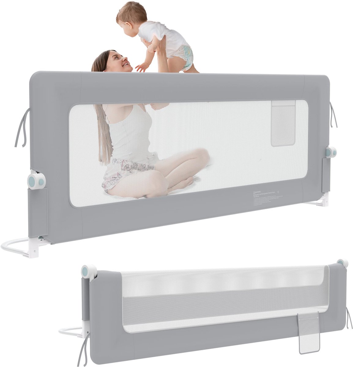 Aufun bedhek 200 cm bedhek kinderbedhek 180 graden opvouwbaar babybedrand luchtig net in hoogte verstelbare veiligheidsrail bed (grijs)