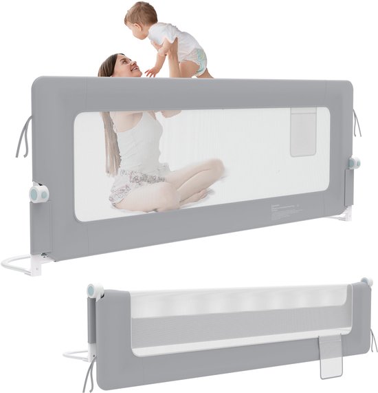 Aufun bedhek 200 cm bedhek kinderbedhek 180 graden opvouwbaar babybedrand luchtig net in hoogte verstelbare veiligheidsrail bed (grijs)