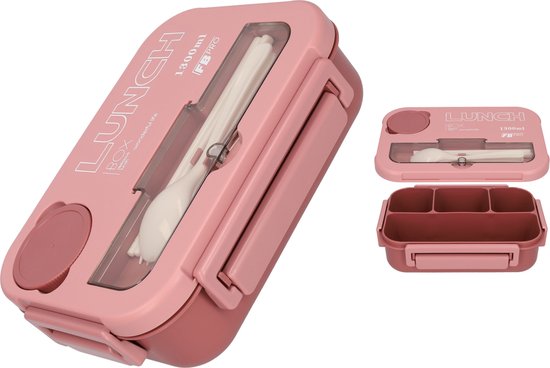 Belle Lunchbox - Sans BPA - Boîte à bento - Peut également être utilisée comme boîte à lunch - Boîte à lunch avec couverts et récipient à sauce - Rose - 1300 ml