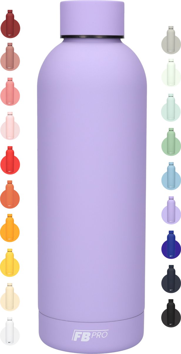 Drinkfles - Dubbelwandige waterfles - Thermosfles - RVS thermos fles - Geschikt voor warme en koude dranken - Extra grip door rubbercoating - 500 ML - Paars