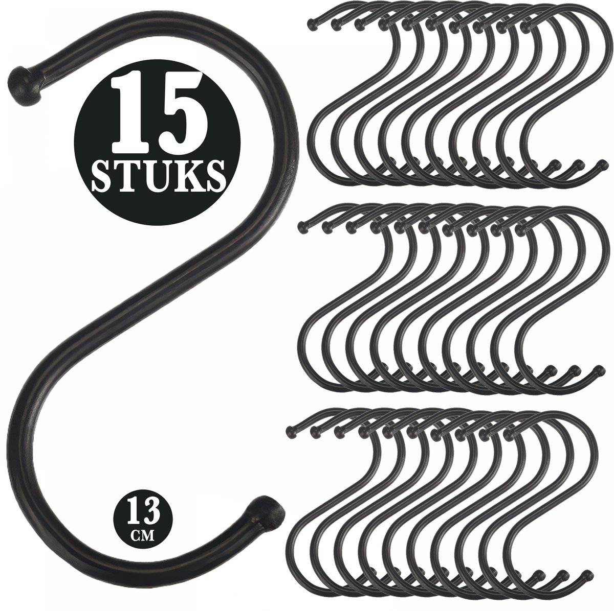 15 Stuks - Zwart Metaal S Vormige Haken - 13cm Lengte - Ophanghaken - Haakjes voor Keuken, Badkamer & Tuin - Kledinghangers - Jashaak Hangers - Handdoekhaakjes - Keukengerei Organizer Haak - Kapstok S-haken - Vleeshaken - Muurhaak