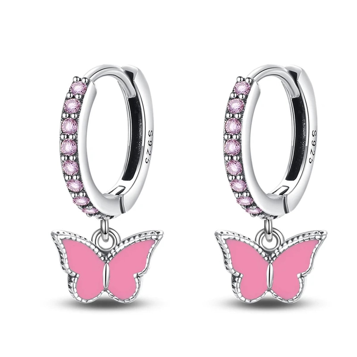 Oorbellen meisje vlinder - zilver kleurig - glitter - roze - glinster