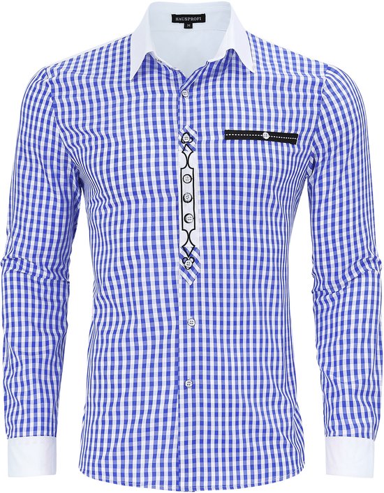 Traditioneel overhemd slim fit heren geruit overhemd casual overhemd overhemd met lange mouwen geborduurd katoen - voor Oktoberfest, carnaval, zaken, vrije tijd Blauw XL