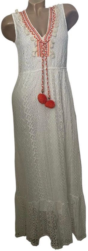 Dames Boho - Kant - Maxi-Jurk Kaftan-Jurk S/M wit/oranje