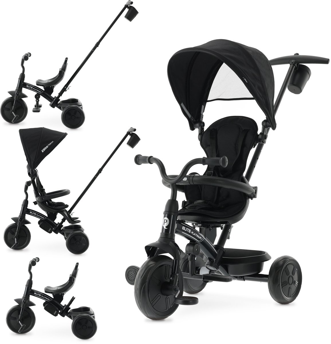 Qplay Elite Platinum Driewieler met Duwstang 6 in 1 - Zwart