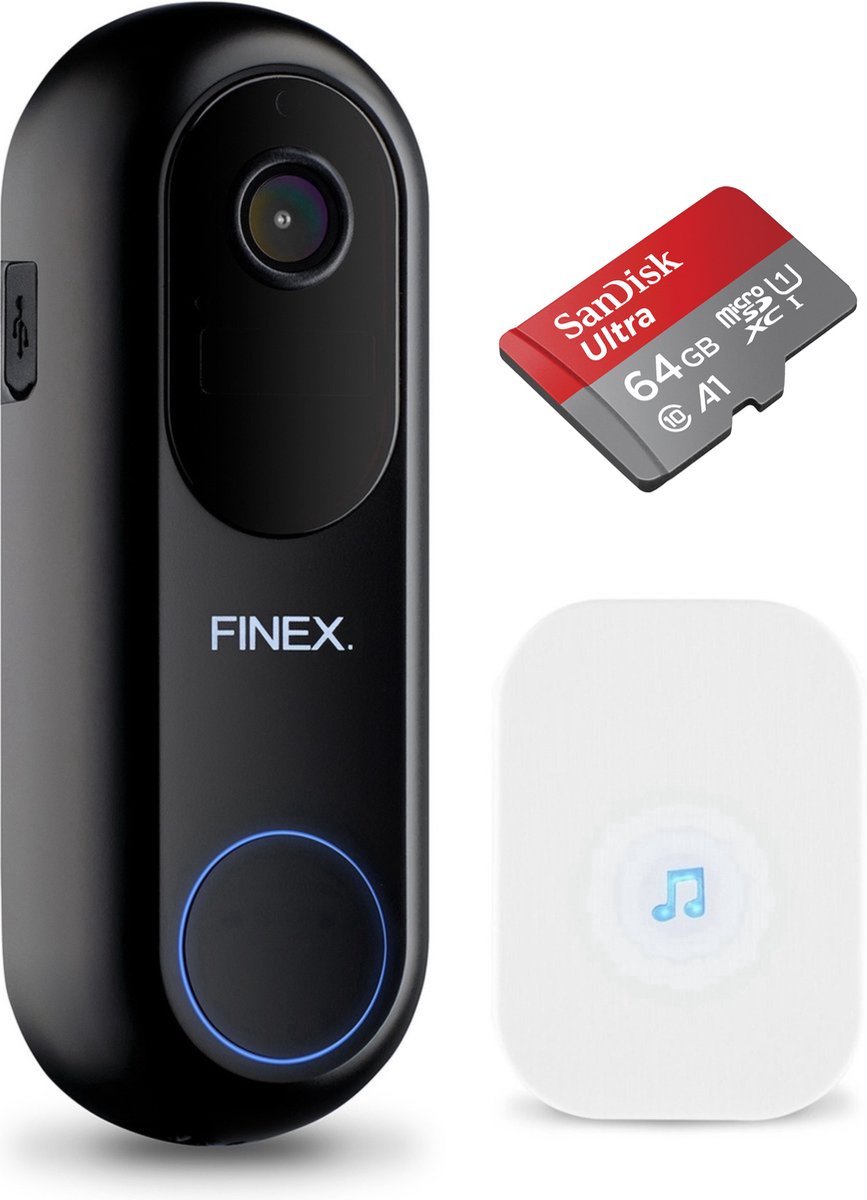 Finex™ Video Deurbel V2 - Inclusief Binnenbel & SD-kaart(64GB) Vast stroom of Batterijen - WiFi - T-ring geluid - Zonder abonnement - Video deurbel met Camera