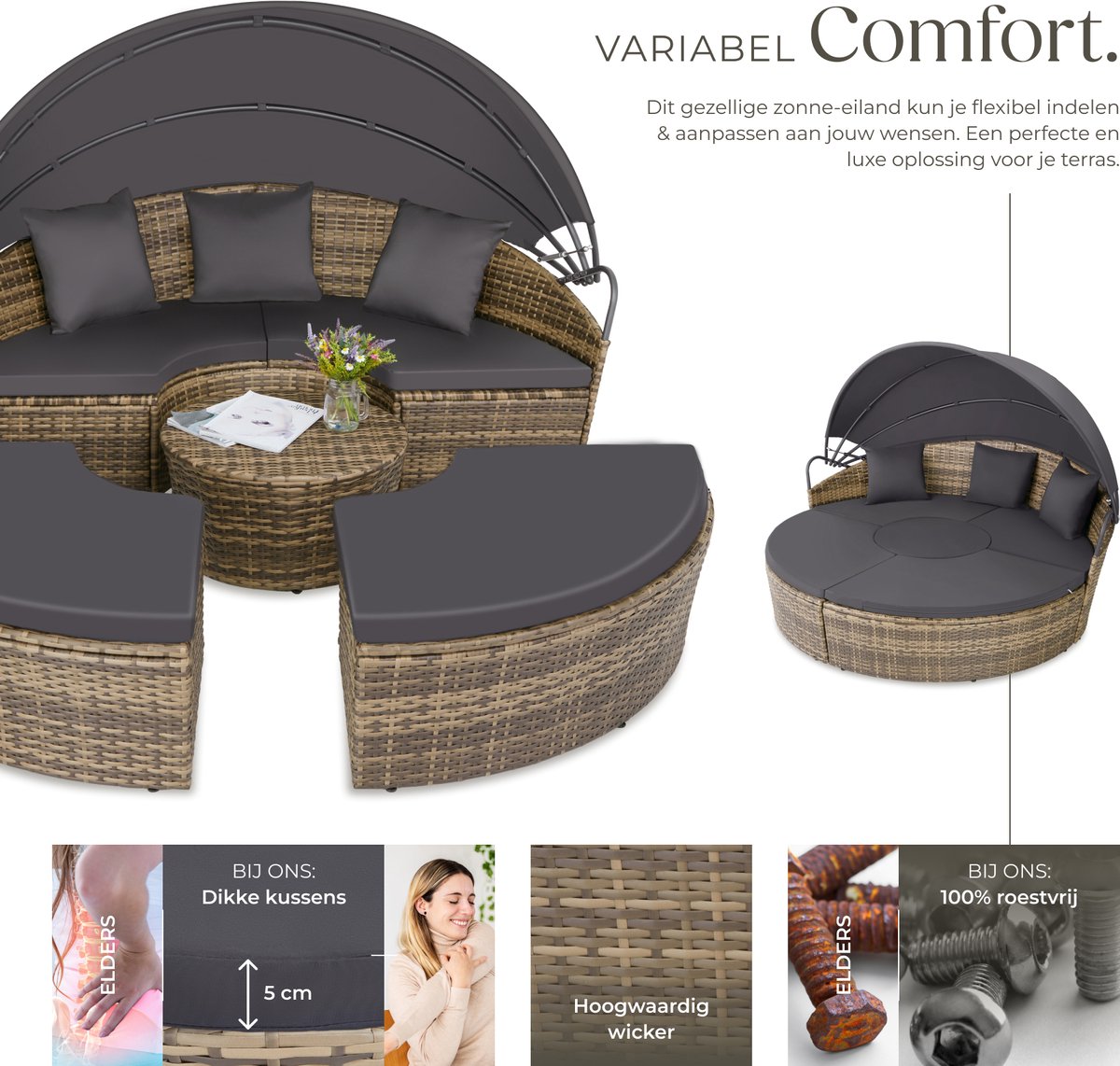 tectake® Wicker Zonne-eiland Santorini - Loungebed voor 2 Personen - Multifunctioneel Rond Ligbed met Zonnescherm - Vrij in te delen Tuin Ligstoel met Luifel - UV- en Weerbestendige Tuinset - Loungeset Inclusief Kussens - Bruin/Zwart thumbnail 3