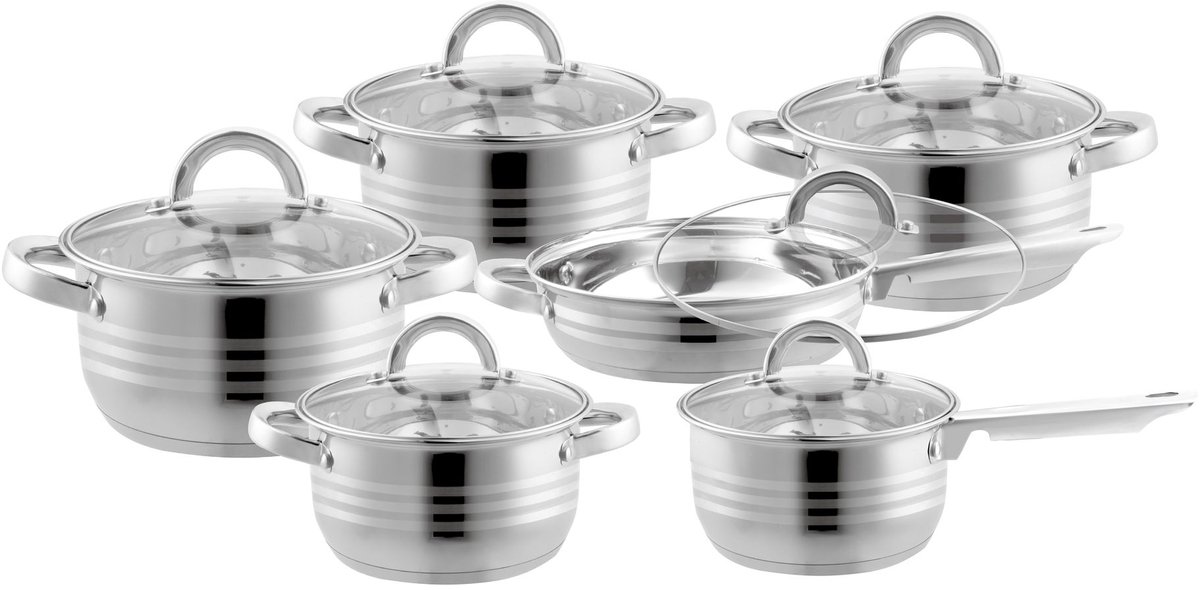 Bavary Pannenset ® - 12 Delig - RVS - Met Glazen Deksels - RVS Pan / Steelpan / Koekenpan - PFAS-vrij - Inductie