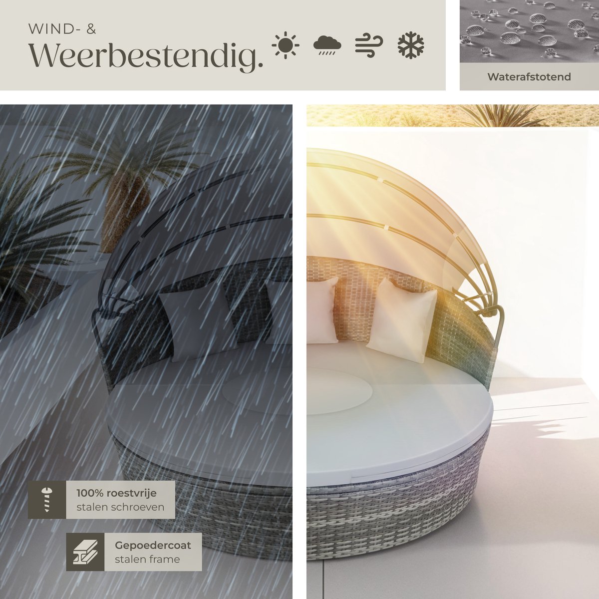 tectake® Wicker Zonne-eiland Santorini - Loungebed voor 2 Personen - Multifunctioneel Rond Ligbed met Zonnescherm - Vrij in te delen Tuin Ligstoel met Luifel - UV- en Weerbestendige Tuinset - Loungeset Inclusief Kussens - Grijs thumbnail 5