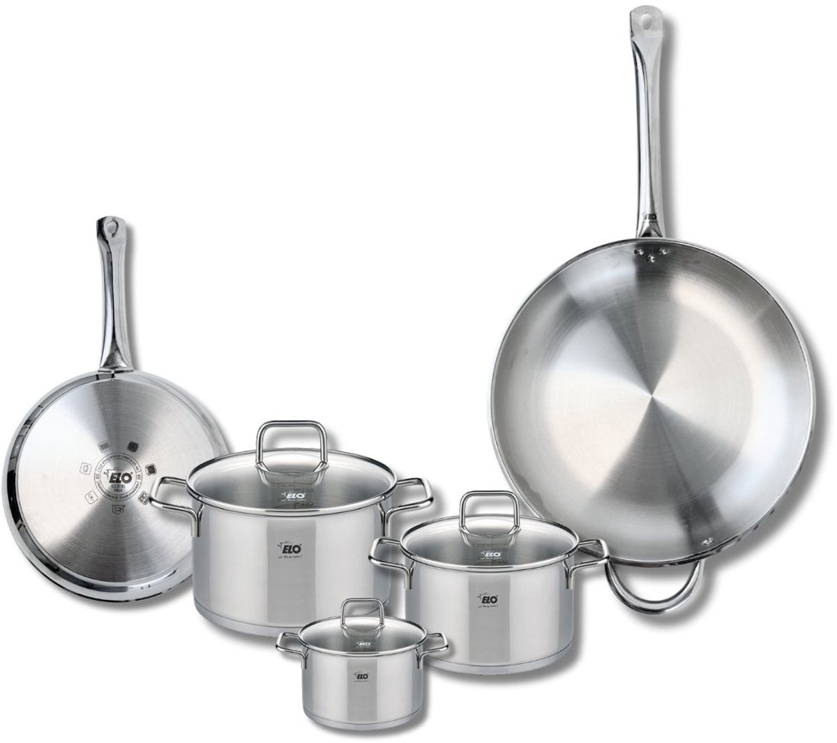 Set van 2 Koekenpannen 24 en 32 cm en 3 kookpotten 12, 16 en 20 cm Elo Profi Citrin