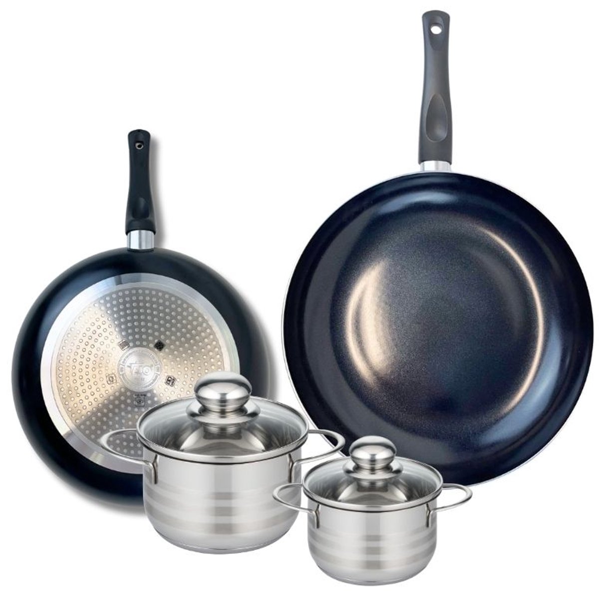 Set van 2 Koekenpannen 24 en 28 cm en 2 kookpotten 12 en 14 cm Elo Prima Glanzend