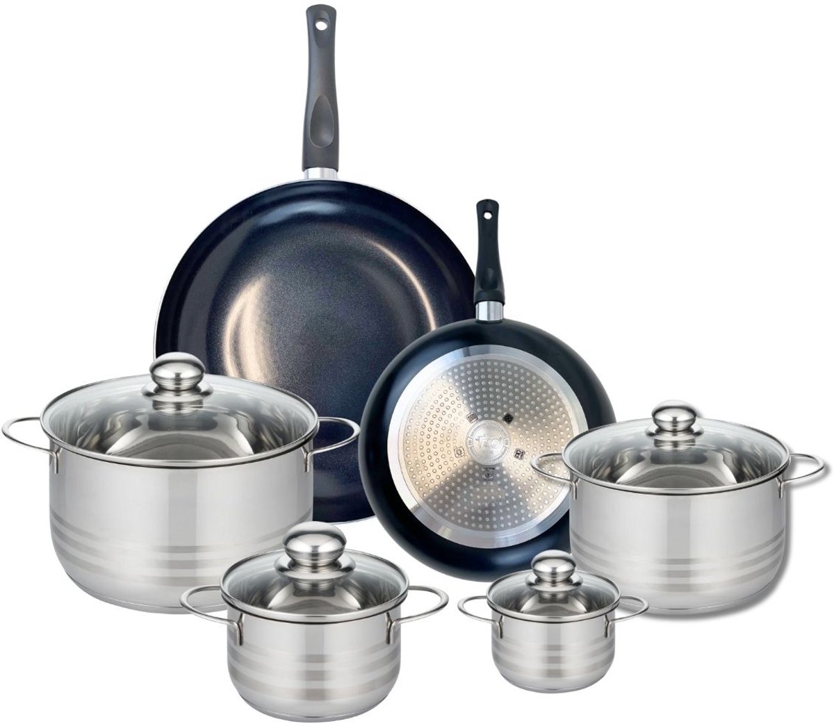 Set van 2 Koekenpannen 24 en 32 cm en 4 kookpotten 12, 16, 20 en 24 cm Elo Prima Glanzend
