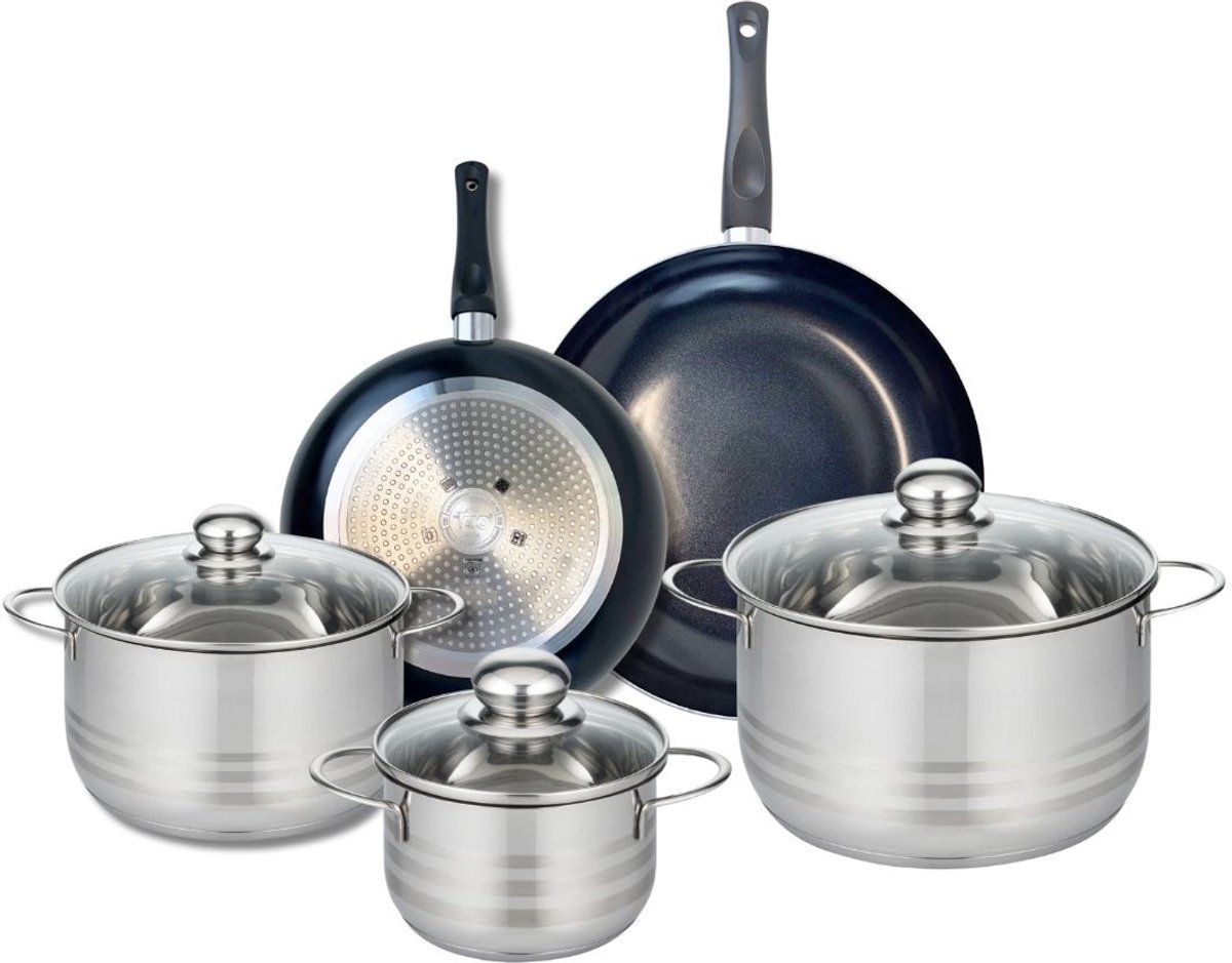 Set van 2 Koekenpannen 24 en 28 cm en 3 Kookpotten 16, 20 en 24 cm Elo Prima Glanzend