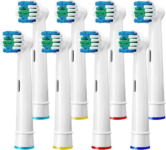 Acht witte elektrische tandenborstelkoppen met blauwe, groene en witte borstelharen. Elk met een gekleurde ring aan de onderkant (blauw, geel, rood).