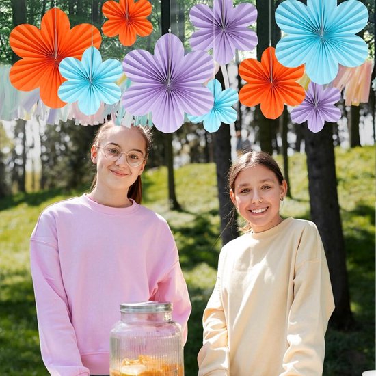3 Hangende papieren bloemen roze, geel en oranje 35 cm