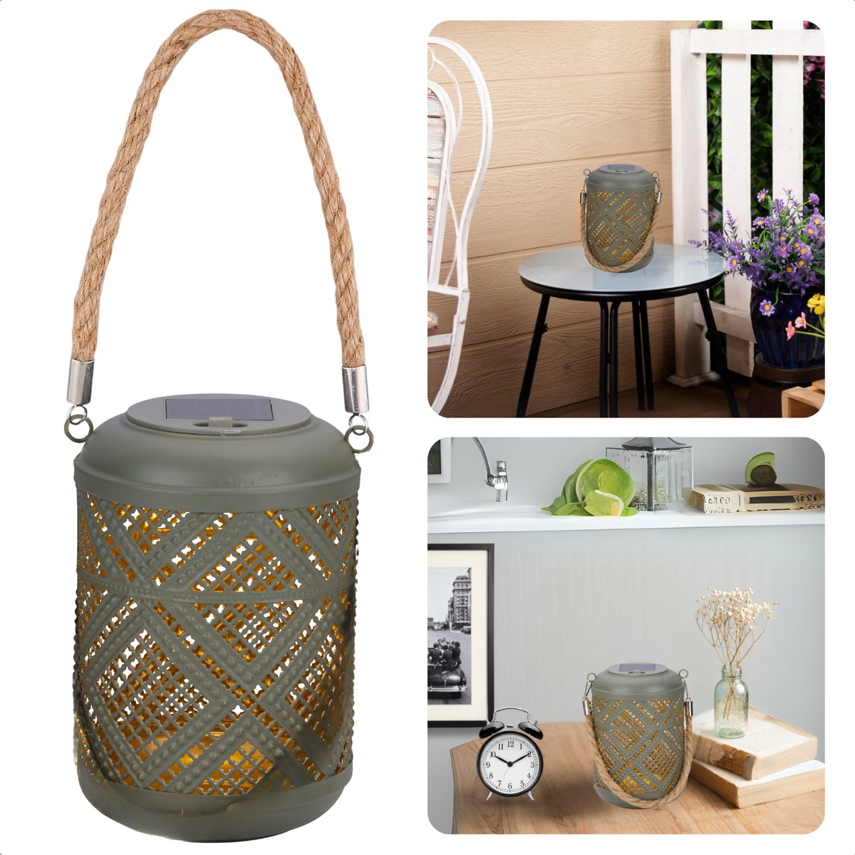 Cheqo® Solar Lantaarn - Grijze Decoratieve Buitenlamp - Tuinverlichting Zonneenergie - Tuinlantaarn - Tafellamp - Hanglamp - Weerbestendig