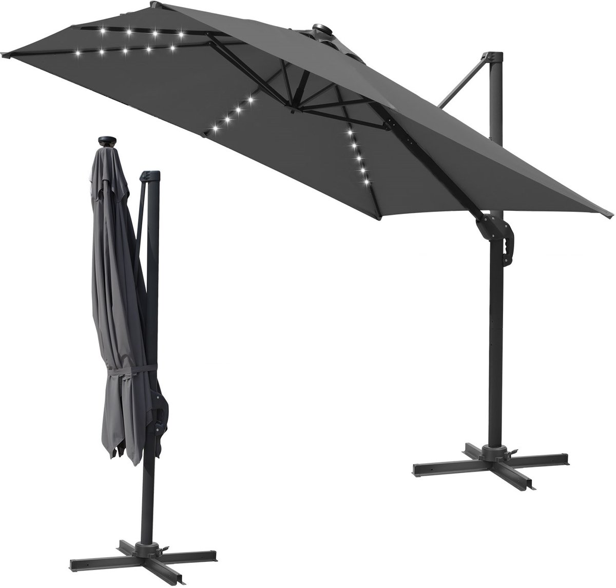 Grijze hangende banaanparasol met UV 50+ bescherming, 360° rotatie, verstelbare kanteling, zwengel en LED-verlichting.