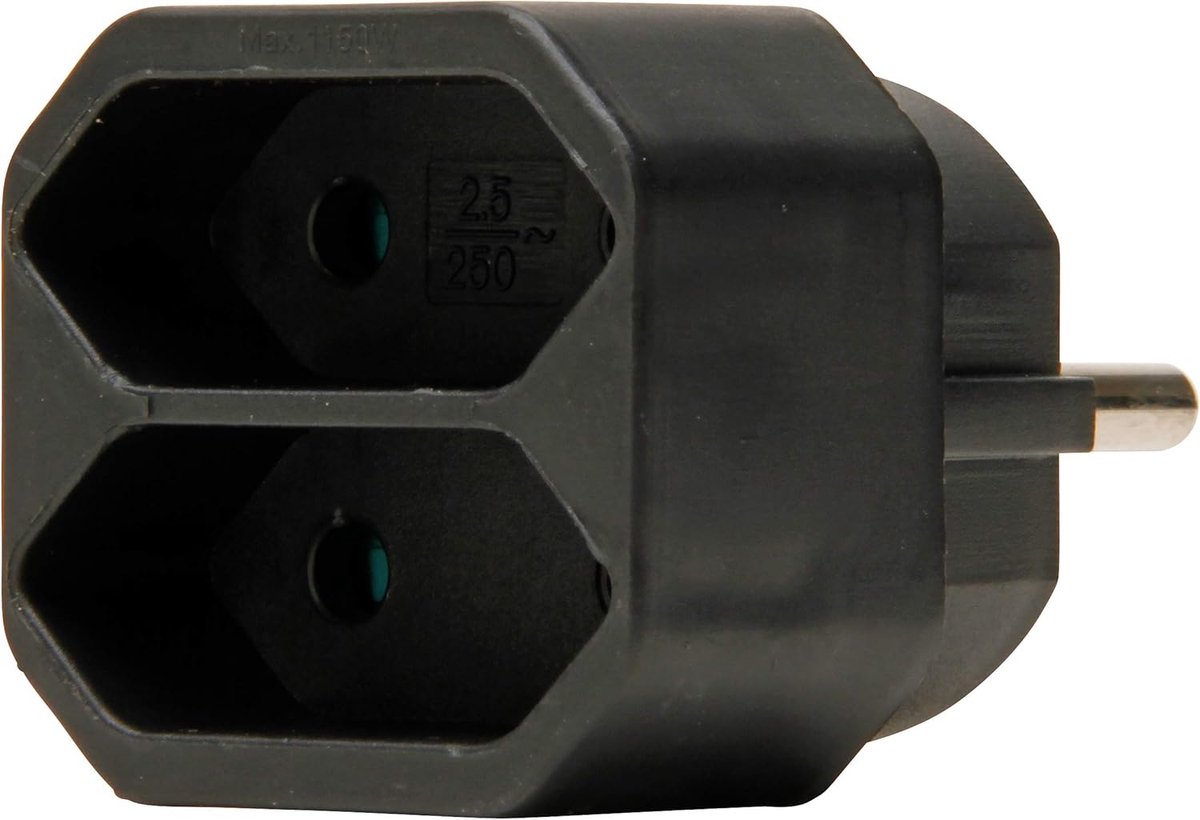 EURO Adapter 2-voudig voor Geaarde Stroomcontacten - Zwart - 1 Stuk