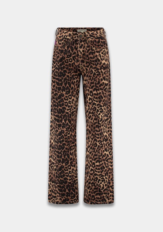 Bruine wijde broek met leopardprint, met Harper & Yve logo op de band.