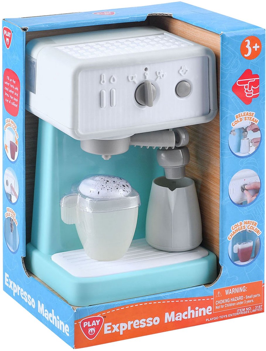 Play speelgoed espressomachine wit blauw met melkschuimer en beker.