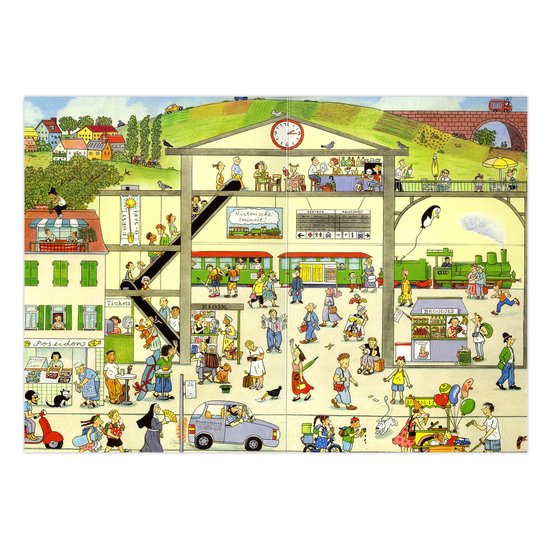 Illustratie van een drukke trein- en busstation met veel mensen, treinen en winkels.