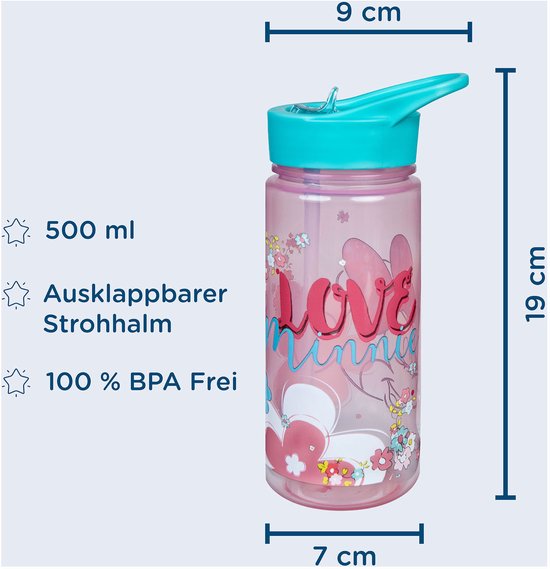 Bouteille rose de 19cm de haut, 7cm de large, 9cm de profondeur, avec Minnie Mouse et des fleurs. Bouchon bleu, paille pliable.