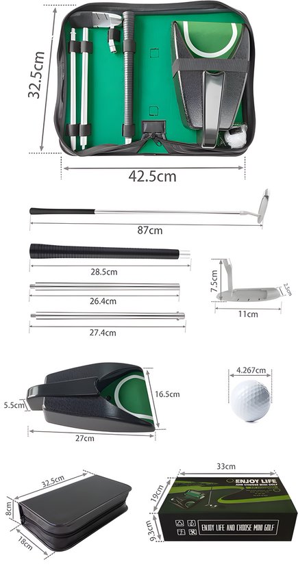 Afmetingen van de golfputter set in de zwarte tas, met onderdelen zoals schacht, grip, putterhoofd, trainingsmat en golfballen.