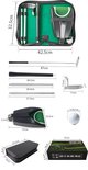 Afmetingen van de golfputter set in de zwarte tas, met onderdelen zoals schacht, grip, putterhoofd, trainingsmat en golfballen.