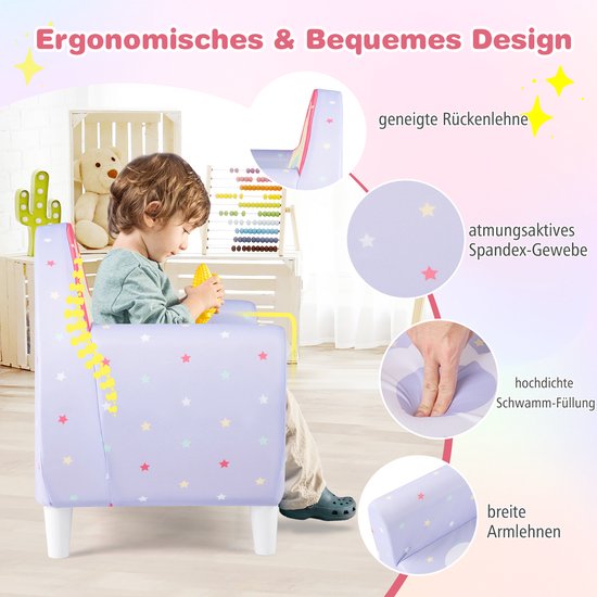 COSTWAY Kinderbank voor peuters, kinderstoel, gestoffeerd met rugleuning en armleuning, speelbank, kinderbank voor kinderkamer, speelkamer, babybank vanaf 3 jaar, 55 x 41 x 54 cm (paars) van COSTWAY — afbeelding 3