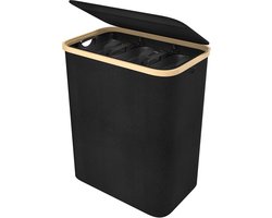 NAIZY Wasmand 3 vakken Wasverzamelaar Wasverzamelaar met deksel en 3 Wasbare waszakken Wasbox Waszak van Oxford stof voor wasruimte badkamer 140L, zwart
