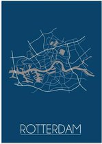 DesignClaud Plattegrond Rotterdam Stadskaart poster Wanddecoratie - Blauw - A3 + fotolijst wit (29,7x42cm)