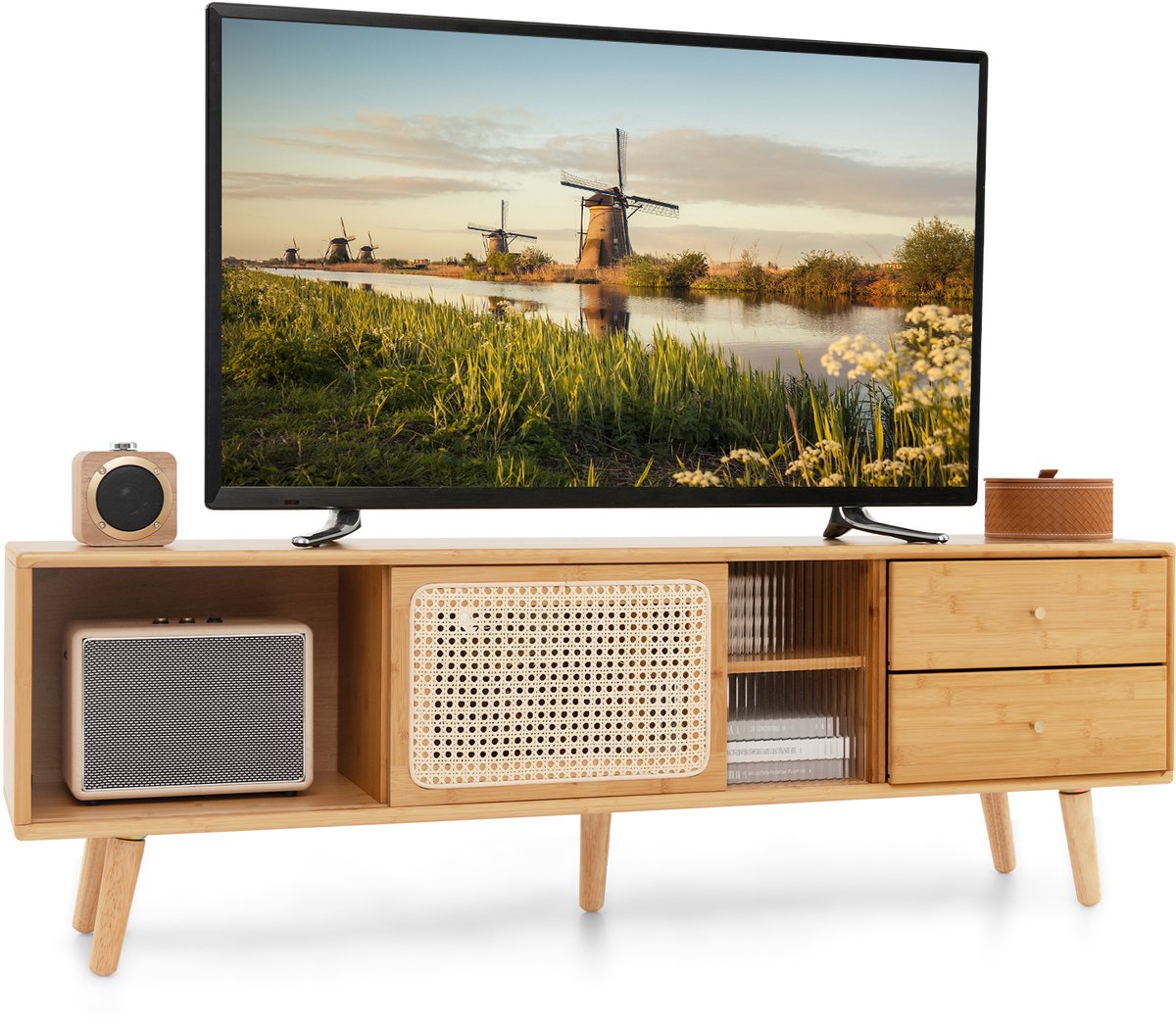 COSTWAY TV-kast van bamboe, lage tv-kast met rotan en glazen schuifdeuren, televisietafel met 2 laden, tv-kast voor tv's tot 65 inch, voor woonkamer, 140 x 31 x 45,5 cm