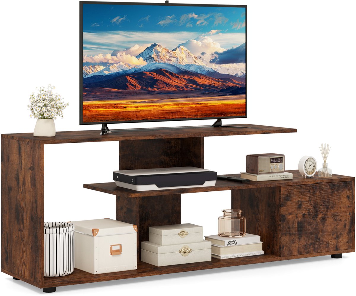COSTWAY TV-kast, televisietafel voor tv's tot 55 inch, asymmetrische tv-meubel met legplanken en kast, lowboard, tv-plank voor woonkamer (rustiek bruin)