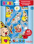 Verpakking Bumba raamstickers met clowns, olifant, beer en andere figuren. Label 'RAAMSTICKERS AUTOCCOLLANTS DE FENETRE'.