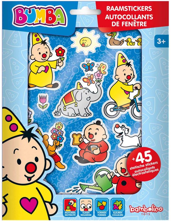 Verpakking Bumba raamstickers met clowns, olifant, beer en andere figuren. Label 'RAAMSTICKERS AUTOCCOLLANTS DE FENETRE'.