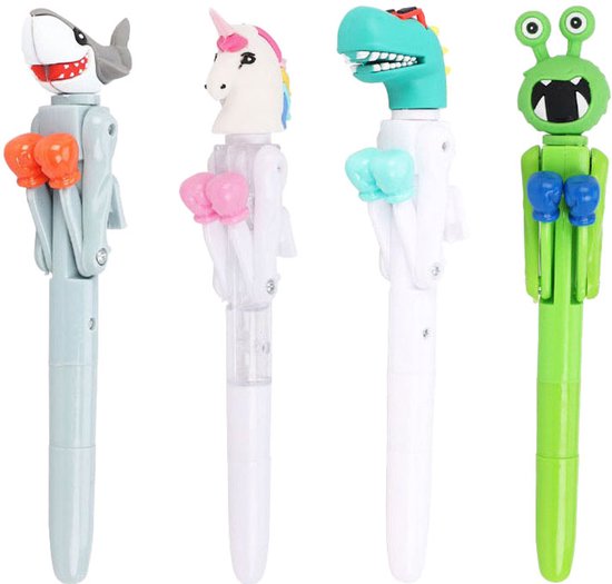 Quatre stylos en forme d'animaux : requin, licorne, dinosaure et monstre, chacun avec des gants de boxe.