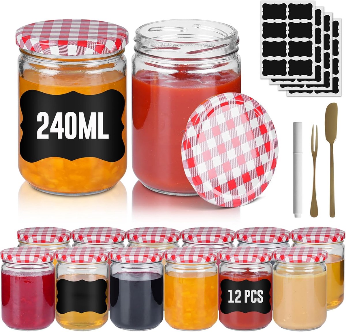 NAIZY Kleine Inmaakpotjes 12-delige set Mason Jar Ronde Jampotjes met Metalen Deksel 240ml Mini Luchtdichte Potjes Transparante Inmaakpotjes voor Honing, Kruiden, Jam (Rood & Wit Geruit)