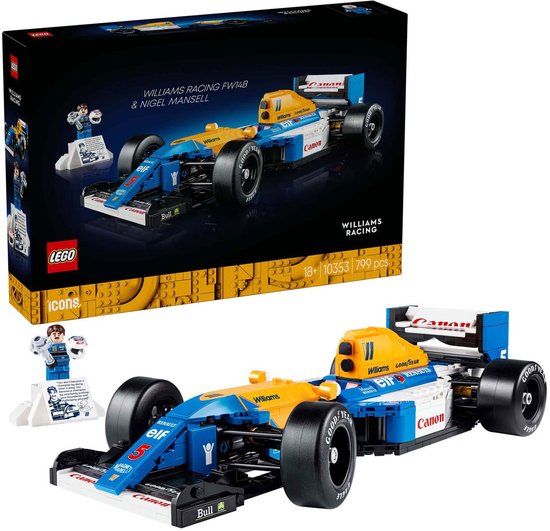 LEGO doos en blauwe, witte en gele Williams FW14B Formule 1 auto met "Canon", "Goodyear" en "Elf" logo's.
