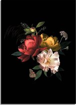 DesignClaud Vintage boeket bloemen poster - Bloemstillevens - Zwart Rood Geel A2 + Fotolijst wit