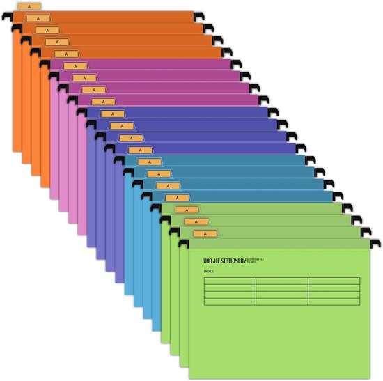 20 stuks hangmappen A4 met categorie etiketten voor het bewaren en organiseren van documenten (vijf kleuren, vier van elke kleur