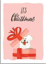 DesignClaud Kerstposter It's Christmas Hondje - Kerstdecoratie Kleurrijk A4 + Fotolijst wit