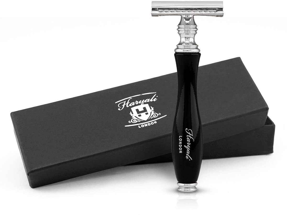 Haryali London Classic Double Edge (DE) veiligheidsscheermes verchroomd met gesloten kam voor heren en dames, Inclusief 5 Mesjes (Zwart)